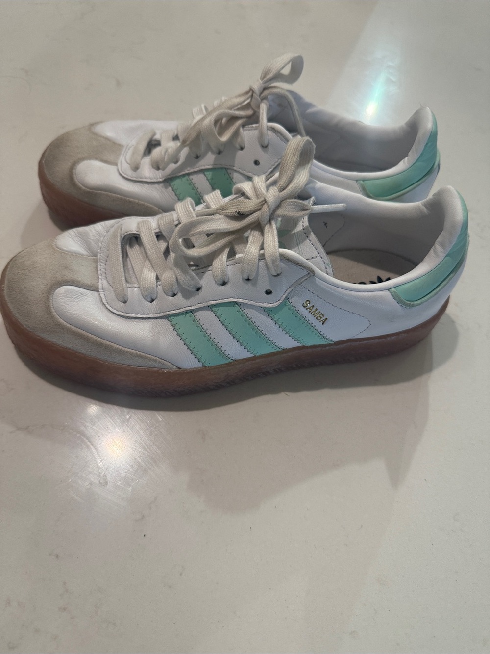 adidas Women’s White Sneakers with Mint Green Stripes and Gum Sole